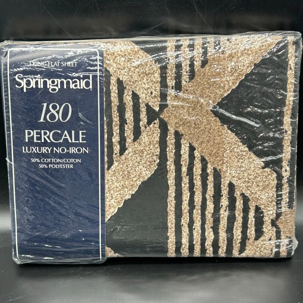 Vtg Springmaid Stone Hill King Flat Sheet Black Gold Triangle Geometric USA New
